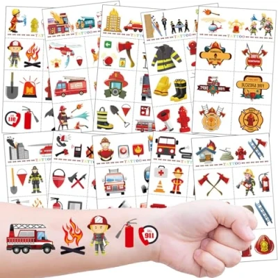 Afbeelding van Tijdelijke Tatoeages Brandbestrijding voor Kinderen, 10 Vellen Brandweerman Tattoo Jongens Meisjes Verjaardags Cadeau Party Bag Filler