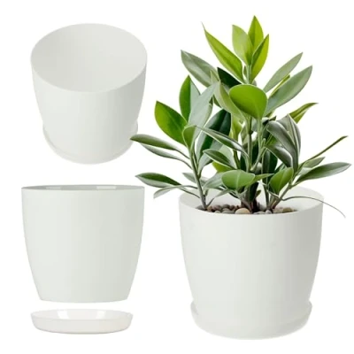 Afbeelding van KADAX Bloempot, plantenpot met onderzetter, ronde kunststof bloempot voor cactussen, varens, matte balkon, woning en terras, 16 cm, wit