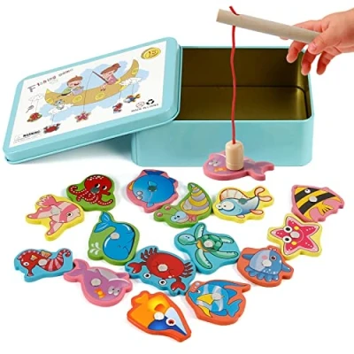 Afbeelding van Speelgoed van hout, visspel, Victse Montessori spellen voor kinderen 2 jaar, magnetisch educatief speelgoed, spelletjes ontwikkeling (blauw)