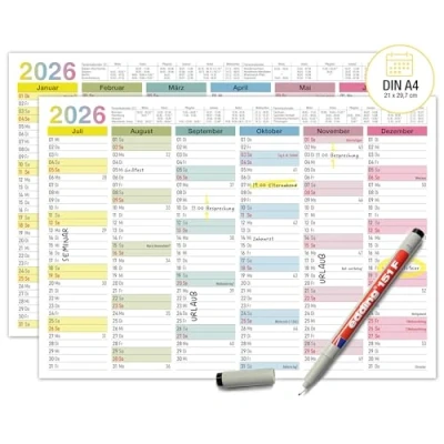 Afbeelding van TOBJA Afwisbare wandkalender 2025, A4, &#039;Kleur&#039;, jaarplanner afwasbaar, incl. pen
