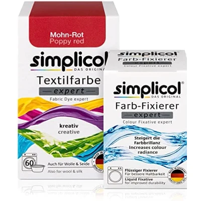 Afbeelding van simplicol textielverf expert papaverrood + fixeermiddel: textiel, wol, zijde rood verven, set 1x150g en 1x90ml