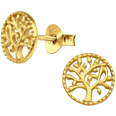 Afbeelding van JoyS Zilveren ronde oorbellen levensboom 8 mm 14k goudplating