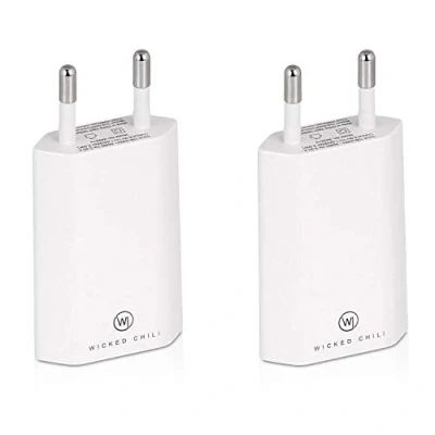 Afbeelding van Wicked Chili 2 x Pro Series voeding USB adapter compatibel met Apple iPhone, Samsung Galaxy/mobiele telefoonlader, smartphone stekker (1A, 5V) wit