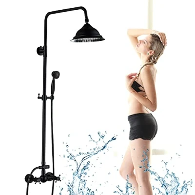 Afbeelding van 20 cm Douchekraan Vintage Regendouche Doucheset Douchesysteem met Handdouche Set Douchekop Antieke Kraan Badkamer Douche Wandmontage Roestvrij Staal Retro Zwart