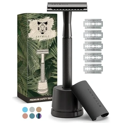 Afbeelding van ANYMALE® Black Edition Scheermes met standaard en 5 Astra messen, Zero Waste scheerapparaat voor dames heren