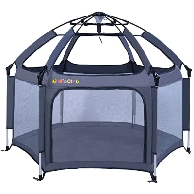 Afbeelding van CutieClub Opvouwbare babybox met matras, 6 stuks, vierkant, speelbox anti uv overkapping, reisbox draagtas, voor huis, tuin, strand, outdoor, grijs