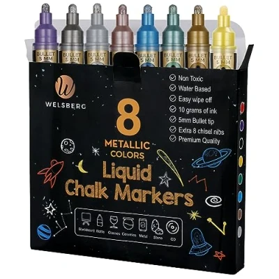 Afbeelding van welsberg vloeibare krijtstiften, metallic kleuren, uitwisbare 5 mm punt voor borden, ramen, glazen krijtstiften met jumbo inkt, 10 gram, 8 stuks