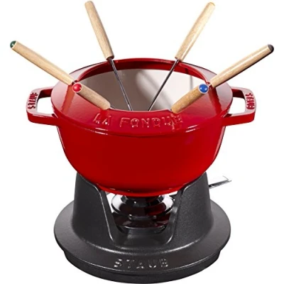 Afbeelding van STAUB Fondueset met 6 vorken, geschikt voor kaas , chocolade en vleesfondue, gietijzer, kersenrood, 18 cm