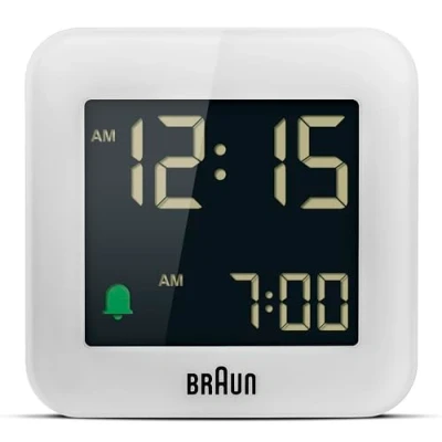 Afbeelding van Braun Digitale reiswekker met snooze functie, compact formaat, lcd negatief display, snelle instelling, pieptoon van het alarm in Crescendo, wit, model BC08W