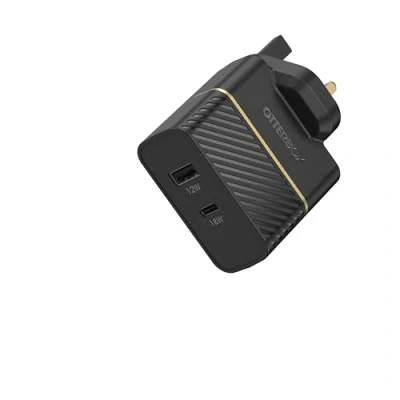 Afbeelding van OtterBox Dual Port UK Wandoplader 30W, USB C PD 18W + A 12W, snelle oplader voor smartphone en tablet, getest op vallen, robuust, ultraduurzaam, Zwart
