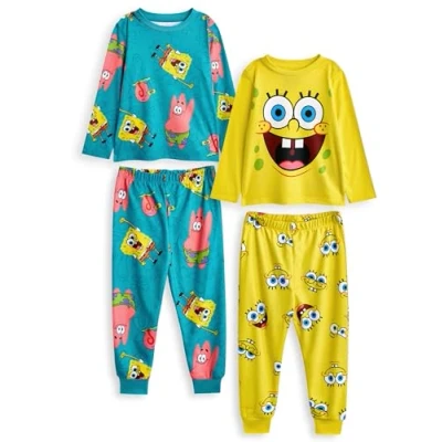 Afbeelding van SpongeBob SquarePants Kinder Pyjama Set, 2er Pack Gelb blaues, langärmliges Oberteil mit Charaktergrafik und langbeinige Pyjamahose für Patrick Star Korallen Print Nachtwäsche