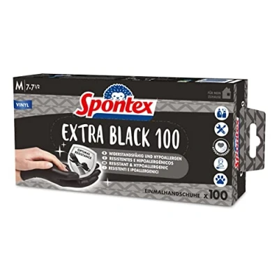 Afbeelding van SPONTEX Extra Black wegwerphandschoenen van vinyl, ongepoederd en latexvrij, veelzijdig inzetbaar, in praktische dispenserdoos, maat M, verpakking 100 stuks, zwart