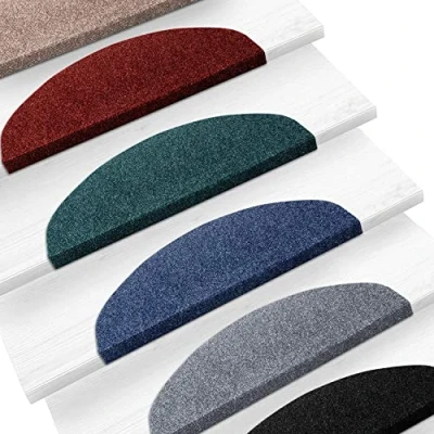 Afbeelding van casa pura Trapmatten van textielvezels voor binnen, 15 stuks, zelfklevende trapbescherming, traptapijt traptreden (Leipzig, blauw, halfrond)