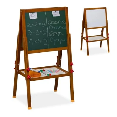 Afbeelding van Relaxdays schoolbord kinderen, magnetisch tekenbord, hoogte verstelbaar, 81 104x45x42 cm, krijtbord en whiteboard, bruin