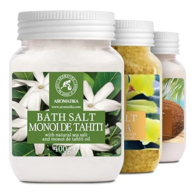 Afbeelding van Zeebadzoutset 3 x 400 g Monoi de Tahiti vanille kokos badzout met etherische oliën aromatherapie badkuip lichaamsverzorging voor een goede nachtrust goed humeur badgeur badadditief 1,2