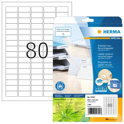 Afbeelding van HERMA 10701 Recycling etiketten DIN A4 mini (35,6 x 16,9 mm, 20 vellen, gerecycled papier, mat) zelfklevend, bedrukbaar, permanent hechtende adreslabels, 1.600 zelfklevende etiketten, natuurlijk wit