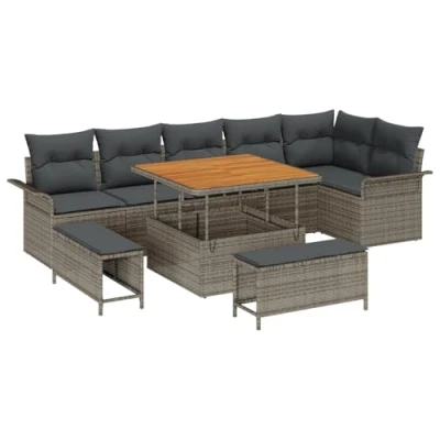 Afbeelding van vidaXL 9 delige Tuinbankenset met kussens poly rattan acacia grijs