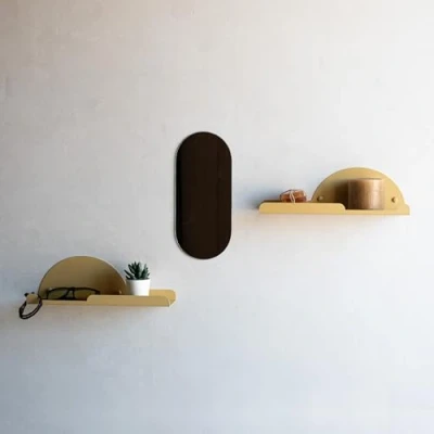Afbeelding van MILUKA Set van 2 wandplanken, 35 cm, als entree, huis of entreemeubel, wandkapstok met plank, zwevende wandplanken haken (2, mosterd)