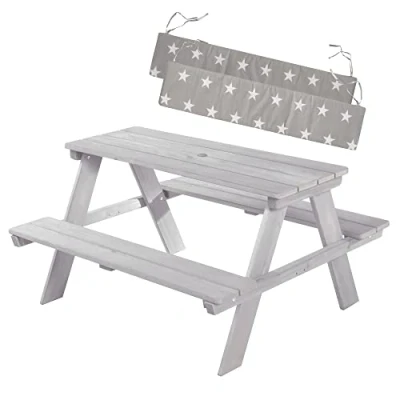 Afbeelding van roba Houten Kindertafel Buiten &#039;Picknick voor 4&#039; Picknicktafel met 2 Banken en 1 Tafel + Bankkussens Binnen Weerbestendig (Grijs)