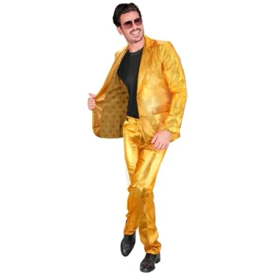 Afbeelding van Widmann Kostuum Mr. goud, gouden pak, jas en broek, showman, disco fever, casino themafeest, oudejaarsavond