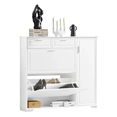 Afbeelding van SoBuy Schoenenkast hout, Schoenenrek, Schoenen Opbergkast, Schoenencommode, met 2 Kleppen, Lades, 1 Deur en Open Compartiment Wit, 120x26x111cm, FSR104 W