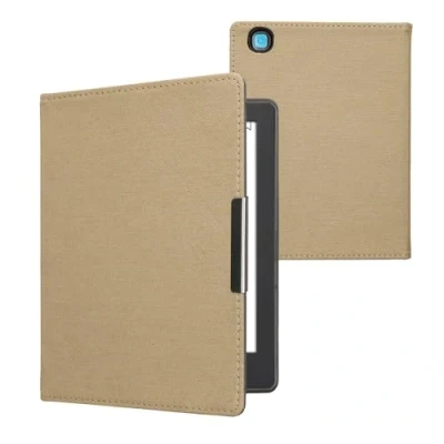 Afbeelding van kwmobile E reader hoesje geschikt voor Kobo Aura H2O Edition 2 hoes flip case met magneetsluiting Ereader cover Denim design in beige