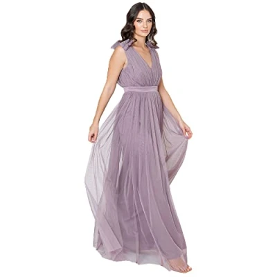 Afbeelding van Maya Deluxe Maxi jurk voor dames, met ruches, schouderdetail, bruidsmeisje, moody lila, 18