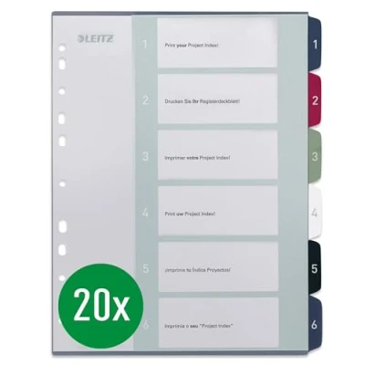 Afbeelding van Leitz A4 tabbladen, 20 stuks, 1 6, 6 beschrijfbaar voorblad, extra breed, PP, stijl, meerkleurig, 12360000