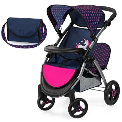 Afbeelding van Tweeling poppenwagen Twin Xeo, dubbele poppenwagen, verstelbare duwstang, tas