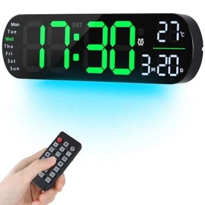 Afbeelding van Fuloon digitale wandklok, groot display led klok met nachtlampjes, 8 RGB kleuren, afstandsbediening, countdown, dimbare grote datum, week, temperatuur