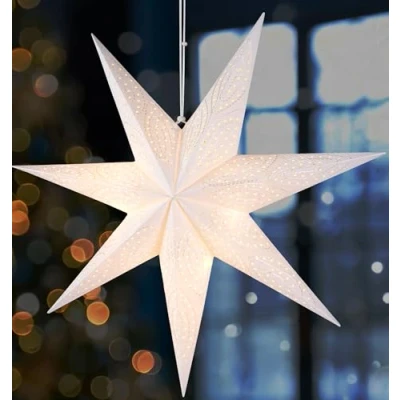Afbeelding van BRUBAKER 60 cm Papieren Kerstster om op te Hangen LED Adventsster voor Kerstdecoratie en Raam 3D Ster met Timer Functie Hangende Lichtster Verlichtbaar Batterij Wit