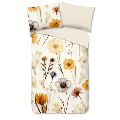 Afbeelding van Cheqo® Dekbedovertrek 140x200 cm Rustige Bloemen Print Geel/Crème 1 Persoons 100% Katoen Oeko Tex Gecertificeerd