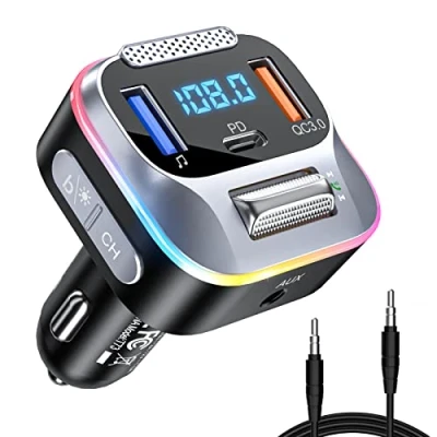 Afbeelding van LENCENT Bluetooth 5.0 FM Transmitter, Auto Zender Draadloze Bluetooth, 38W Snelladen PD+QC3.0 Autolader, AUX Autoradio Adapter, Grote Microfoon HiFi Bass Handsfree Siri Google Assistant