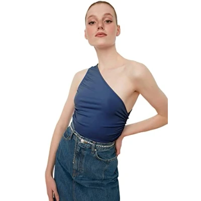 Afbeelding van Trendyol Blauwe, Gedetailleerde, Aansluitende, Elastische Gebreide Blouse Met Één Schouder Twoss21Bz0590