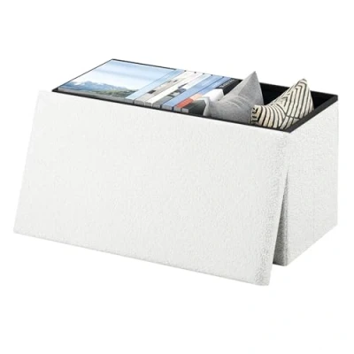 Afbeelding van eSituro Zitbank met opbergruimte, opvouwbare zitkruk, kistbank deksel, zitkist, voetenbank, opbergkist, gestoffeerde bank van teddyfleece, 80 l, 300 kg belastbaar, 76 x 37 38 cm, wit