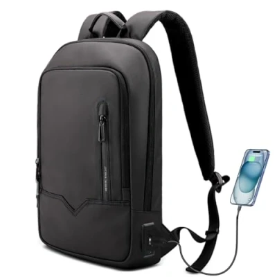 Afbeelding van Laptoprugzak, heren computerrugzak lichtgewicht slanke laptoprugzak waterdichte dagrugzak met USB oplaadpoort, compacte tas zakenreizen college schooltas voor kantoorwerk buitenshuis 15,6 inch,