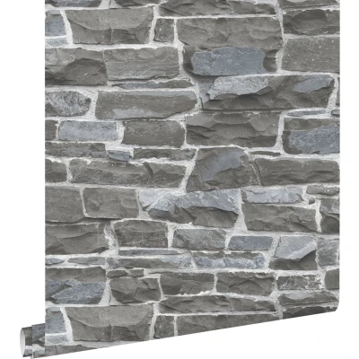 Afbeelding van Leen Bakker ESTAhome Behang Stenen Muur Donker 53cm X 10,05 M Grijs Vlies