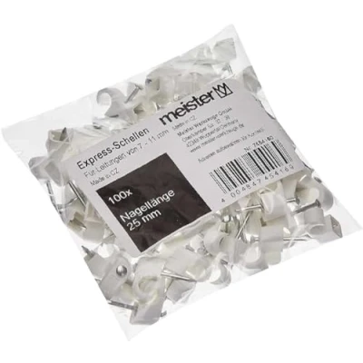 Afbeelding van Meister Express klem in praktische set voor het vastzetten van kabels &amp; leidingen incl. voorgemonteerde spijker / kleefclips kabelklemmen nagelklemmen wit 7 11 mm (100 Stuk)