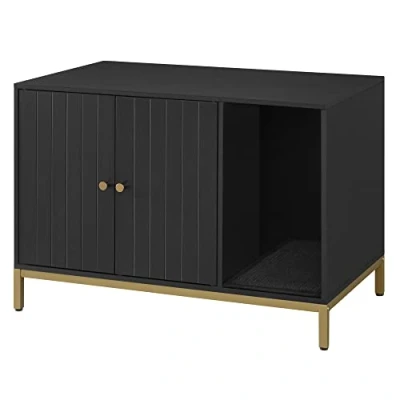 Afbeelding van Feandrea Kattenbak Kast Kattenhuis met Krabmat Hoge Poten Kat Bijzettafel 80x50x55cm Zwart Goud PCL007B01