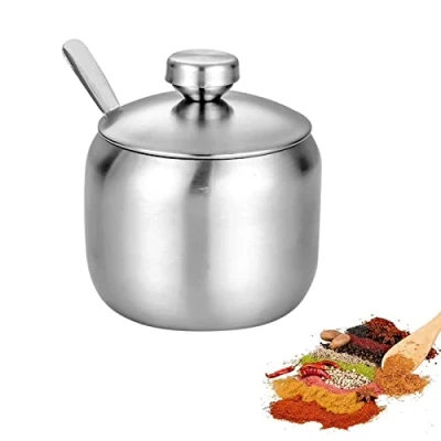 Afbeelding van Roestvrijstalen suikerpot met deksel, kruidenpotjes lepel en suikerpot, kleine kruidenpotje, zoutkom, suikerkom voor thuis, bar, koffie, suiker, zout, peper,