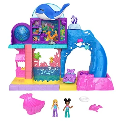 Afbeelding van Polly Pocket Pollyville HKW15 Aquariumset met Shani, twee poppen, kleine auto en 11 accessoires, waaronder 8 zeedieren, speelgoed voor kinderen, vanaf 3 jaar