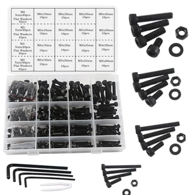 Afbeelding van huruirui Schroevenset met bouten en moeren M3, M4, M5 M6 zwarte cilinderkopschroeven set set, kit van holle zeskantschroeven voor schroefdraadmachine 500 stukken