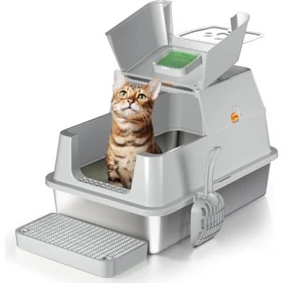 Afbeelding van kattenbak van roestvrij staal met lip, 180 Flip Top grote gesloten kattenbak, metalen voor middelgrote en katten, gemakkelijk schoon te maken, geurbeheersing grijs
