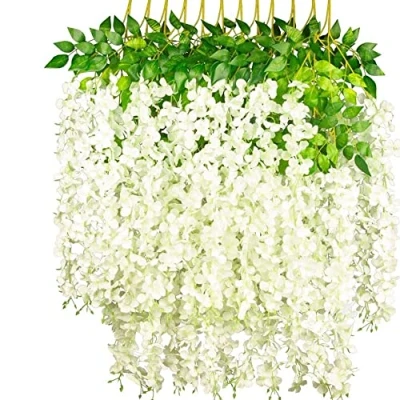 Afbeelding van OUKEYI 12 stuks kunstmatige Wisteria bloemen slinger, 3.6 FT zijde nep opknoping wijnstok voor binnen buiten huis tuin kerst bruiloft feest decoratie (wit)