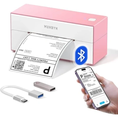 Afbeelding van MUNBYN Bluetooth Labelprinter 4x6 Thermische printer DHL UPS Verzendlabels Label Maker voor verzendpakketten Compatibel met Ebay Amazon Etsy Wish Pink