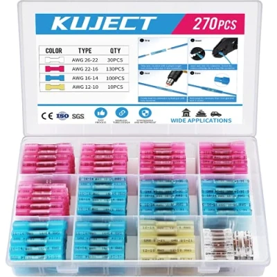 Afbeelding van Kuject Kabelverbinders, 270 stuks, stootverbinders, krimpverbinders, waterdichte set 10 22 AWG stootverbinders