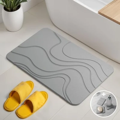Afbeelding van Björn&amp;Schiller Badmat van steen, sneldrogend, voor badkamer, antibacterieel, antislip, absorberend, kiezelgoer, douchemat, 60 x 39 cm, grijs