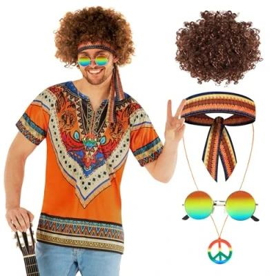 Afbeelding van Morph jaren 70 kleding, moddermove kostuum heren, 60 outfit, outfit retro shirts voor feestbovendeel M