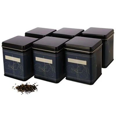 Afbeelding van Dosenritter 6 x klassieke vierkante theebussen, stapelbaar, incl. bloemenlabels aromadicht, van metaal voor 140g Earl Grey/stuk 9,8 7,6 7,6cm (H,B,D) ideaal als meel of rijstblik