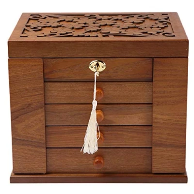 Afbeelding van Houten sieradendoos voor vrouwen, massief houtorganisator met combo slot sieraden, kettingen, ringen, vintage stijl opbergdoos spiegel (kersen)